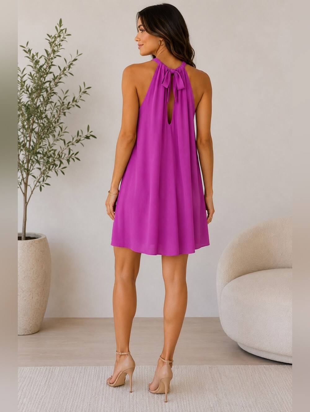 KJL Magenta Satin Halter Blouse Sleeveless Mini Dress Keyhole Back Neck Tie Top - Picture 3 of 12